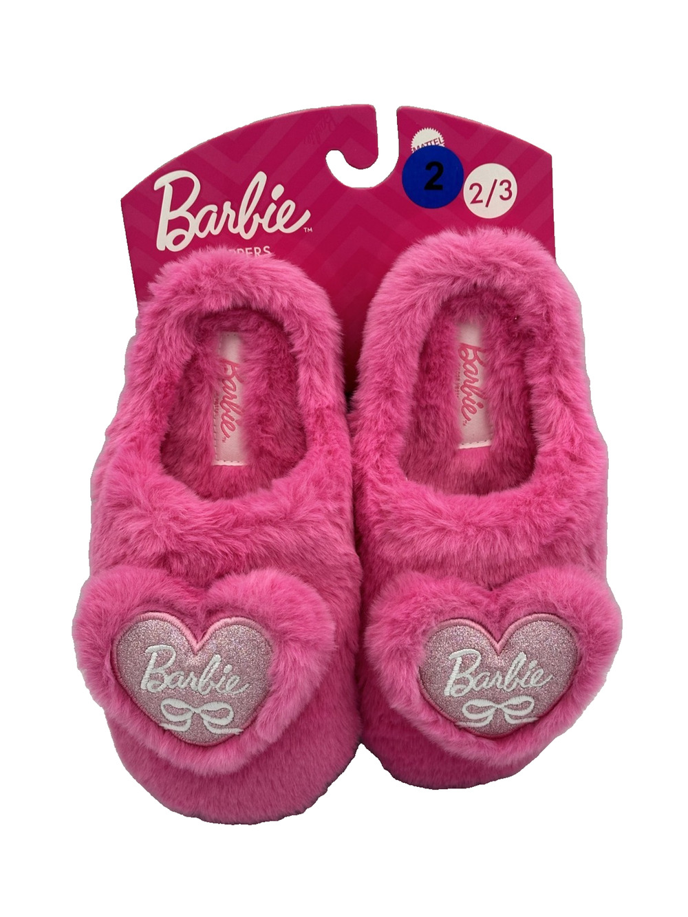 Mattel Barbie Pink Plush Faux Fur Slip On Closed Toe Slippers 3D Heart Size 2/3